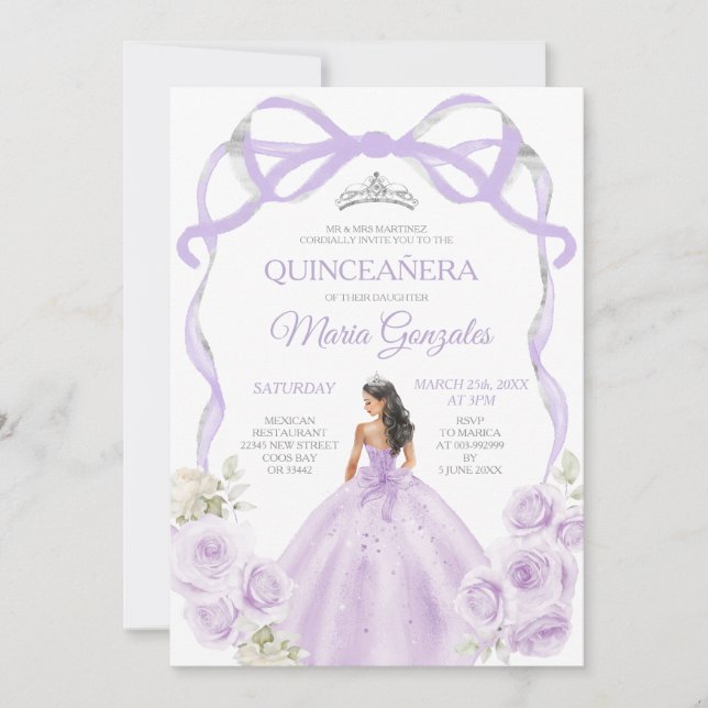 Lilac Lila Bow Princess Silver Krona Quinceañera Inbjudningar (Framsida)