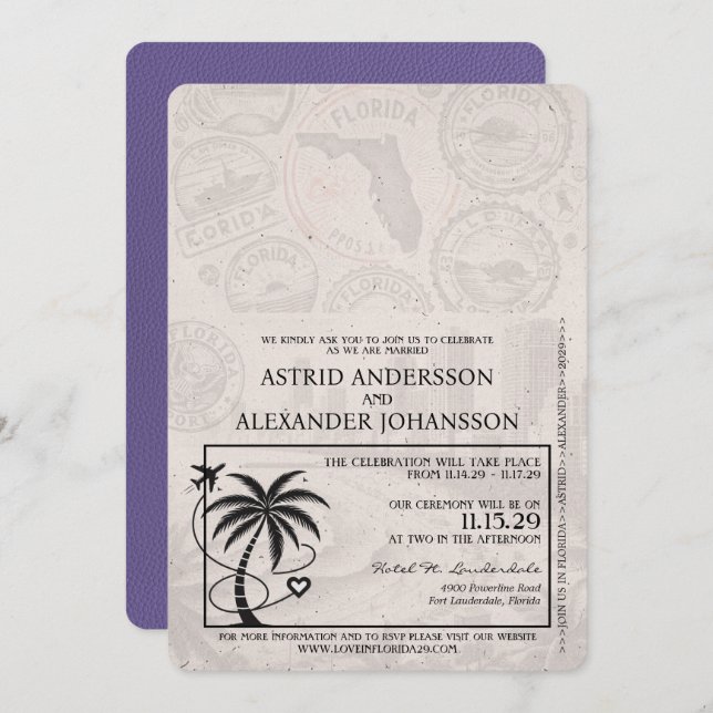 Lilac Lila Florida Passport Wedbjudande Inbjudningar (Fram/baksida)