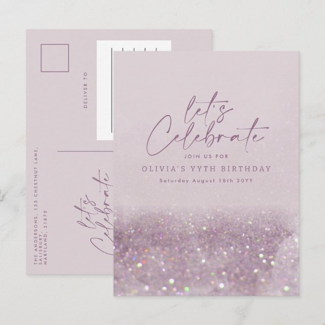 Lilac lila glitter elegant födelsedag unik inbjudan vykort (Fram/baksida)