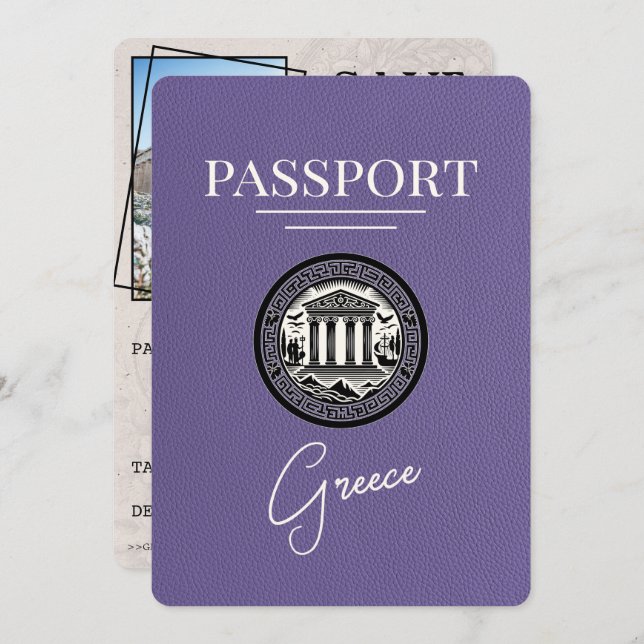 Lilac Lila Greece Passport Save Date Card Spara Datumet (Fram/baksida)