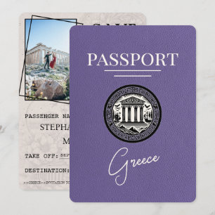 Lilac Lila Greece Passport Save Date Card Spara Datumet