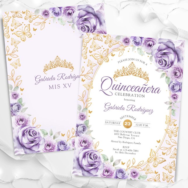 Lilac Lila Guld Blommigt Quinceanera Inbjudningar (Skapare uppladdad)