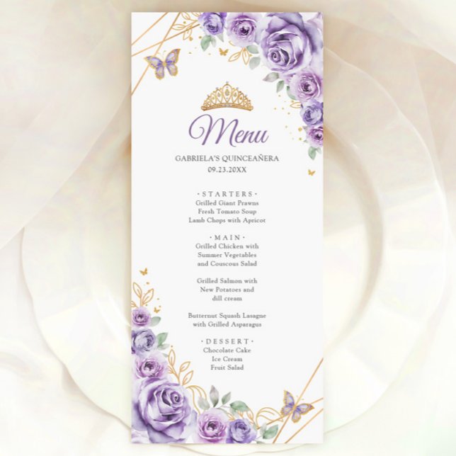 Lilac Lila Guld Blommigt Quinceanera Meny (Skapare uppladdad)