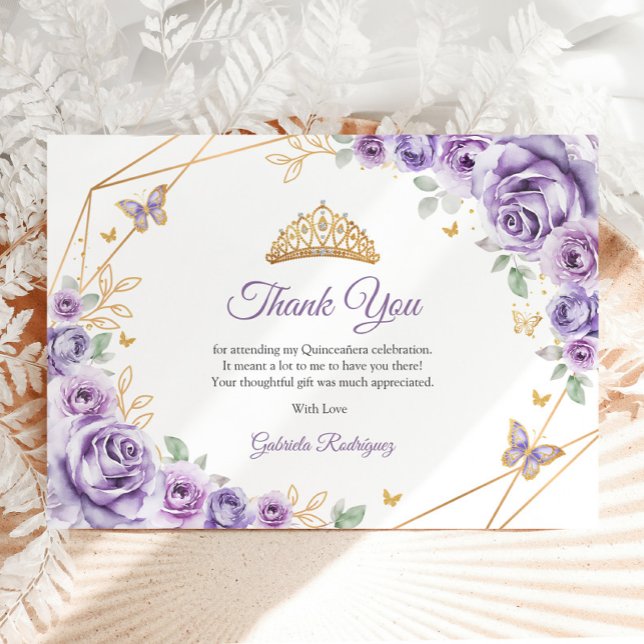 Lilac Lila Guld Blommigt Quinceanera Tack Kort (Skapare uppladdad)