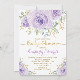 Lilac Lila Guld Blommigt Ro Girl Baby Shower Inbjudningar