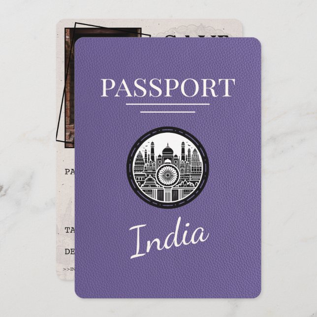 Lilac Lila India Passport Save Date Spara Datumet (Fram/baksida)