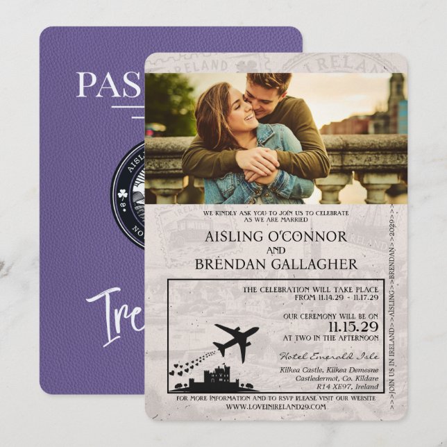 Lilac Lila Ireland Passport Wedding bjudande Inbjudningar (Fram/baksida)