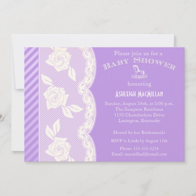 Lilac Lila, Ivory Blommigt Snöre Baby Shower Inbju Inbjudningar (Framsida)