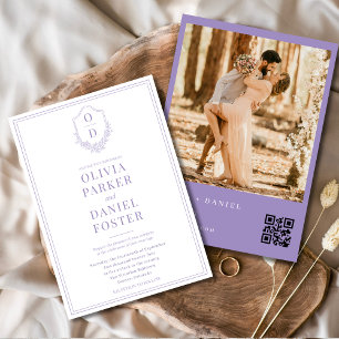 Lilac Lila Modern QR Code Vapensköld Photo Bröllop Inbjudningar