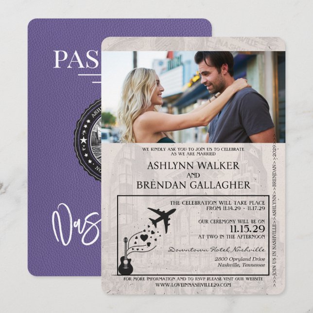Lilac Lila Nashville Passport Bröllop Inbjudningar (Fram/baksida)