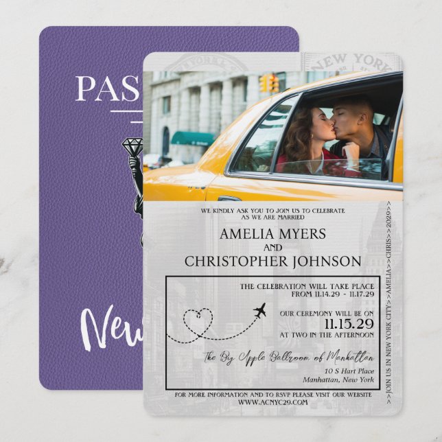 Lilac Lila New York City Passport Bröllop Inbjudningar (Fram/baksida)
