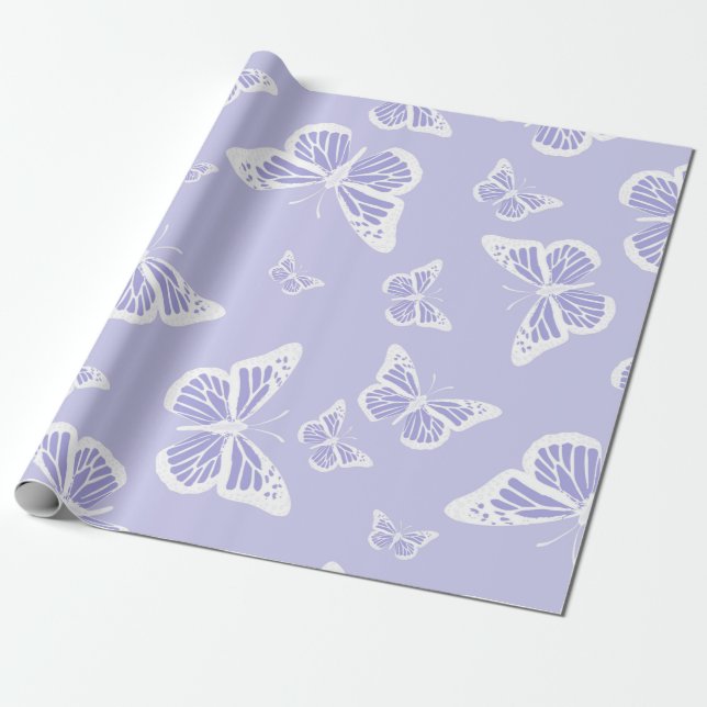 Lilac Lila och White Butterfly Motif Mönster Presentpapper (Utrullad)