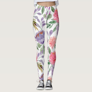 Lilac Lila Pastel Rosa Blommönster Leggings