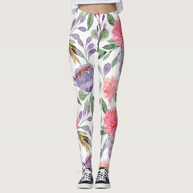 Lilac Lila Pastel Rosa Blommönster Leggings (Framsida)