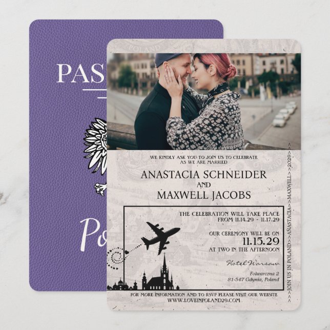 Lilac Lila Poland Passport Wedding bjudande Inbjudningar (Fram/baksida)