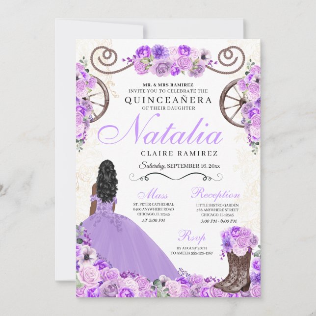 Lilac Lila Ranchero Princess Dress Quinceanera Inbjudningar (Framsida)