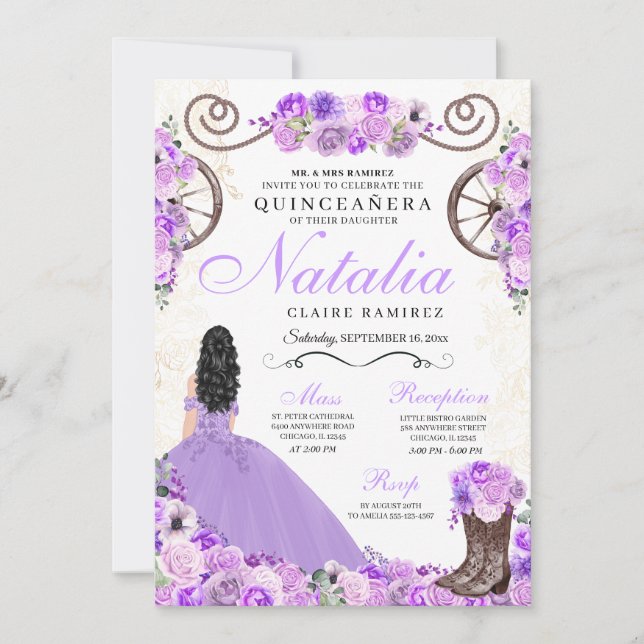 Lilac Lila Ranchero Princess Dress Quinceanera Inbjudningar (Framsida)