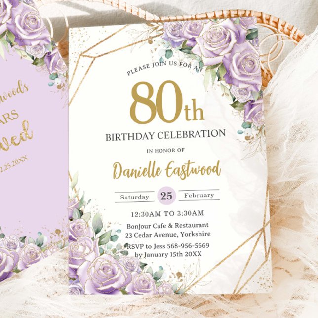 Lilac Lila Ro Blommigt 80: e födelsedagen, alla ål Inbjudningar (elegant-purple-lilac-lavender-roses-floral-flowers-50th-60th-70th-80th-90th-birthday-party-invite)