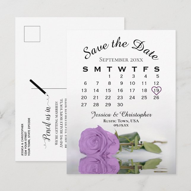 Lilac Lila Ro Bröllop Kalender Spara datum Meddelande Vykort (Fram/baksida)