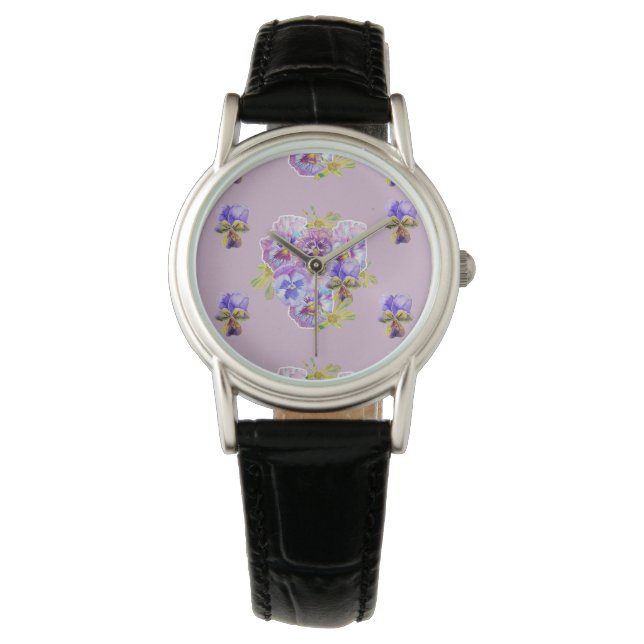 Lilac Lila Shabby Pansy blommigt blomma Se Armbandsur (Framsida)