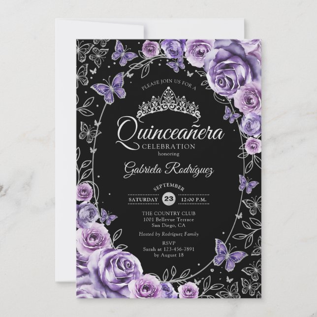 Lilac Lila Silver Black Quinceanera Inbjudningar (Framsida)