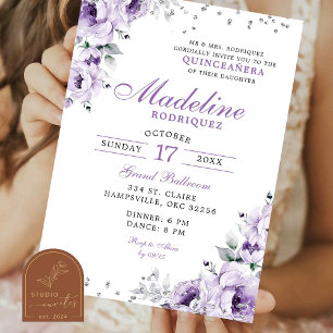 Lilac Lila Silver Blommigt Quinceanera Inbjudningar