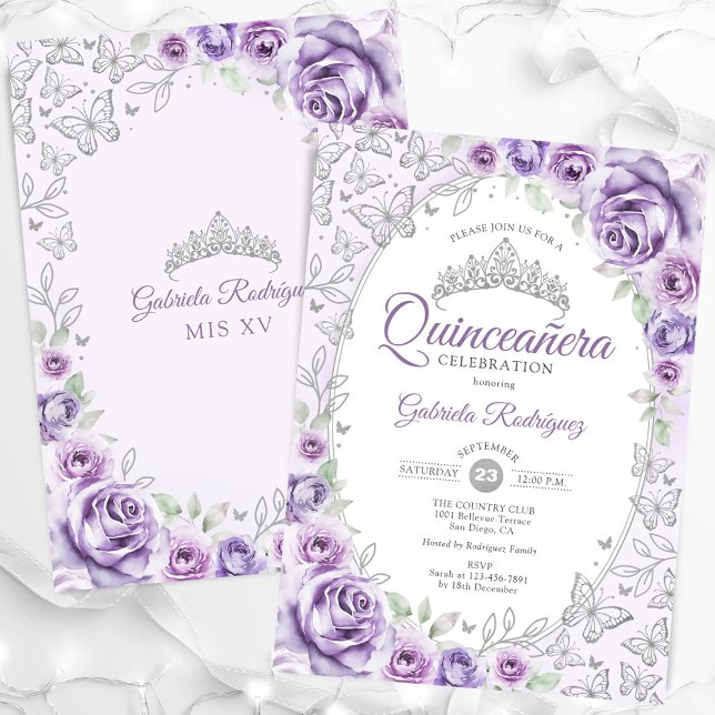 Lilac Lila Silver Blommigt Quinceanera Inbjudningar (Skapare uppladdad)
