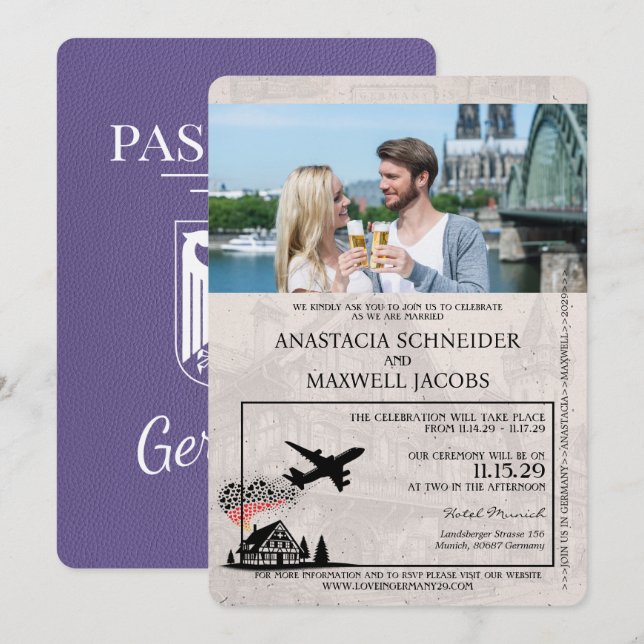 Lilac Lila Tysklanda Passport Bröllop Inbjudningar (Fram/baksida)