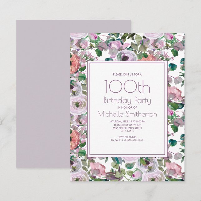Lilac Lila Watercolor Blommigt 100 Birthday Inbjudningar (Fram/baksida)
