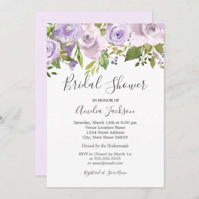 Lilac Lila Watercolor Blommigt Möhippa Inbjudningar (Fram/baksida)