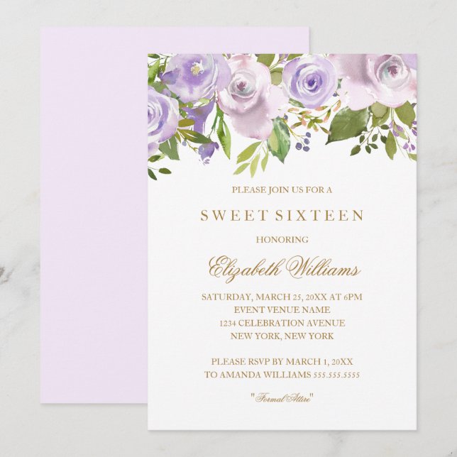 Lilac Lila Watercolor Blommigt Sweet sixteen Inbjudningar (Fram/baksida)