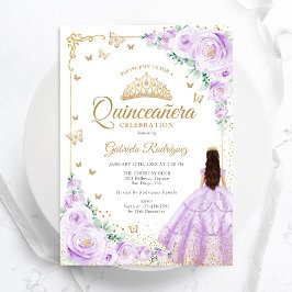 Lilac Lila Watercolor Ro Guld Quinceanera Inbjudningar