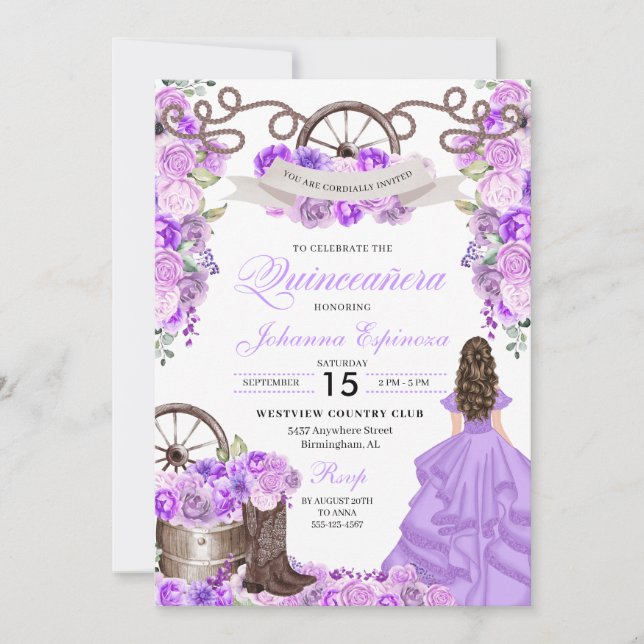 Lilac Lila Western Princess Ranchero Quinceanera Inbjudningar (Framsida)