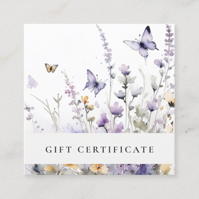 Lilac Lila WildblomButterfly Gift-certifikat Fyrkantigt Visitkort (Framsida)