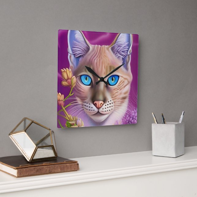 Lilac Lynx punkt Siamese cat in lila Fyrkantig Klocka (Kontor)