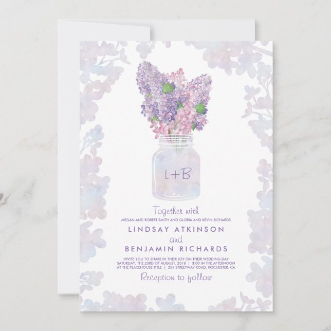 Lilac Mason Burk | Blommigt Watercolor Rustic Bröl Inbjudningar (Framsida)
