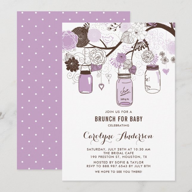 Lilac Mason Burk och Flowers Baby Shower Brunch Inbjudningar (Fram/baksida)
