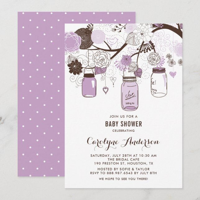 Lilac Mason Burk och Flowers Baby Shower Inbjudningar (Fram/baksida)