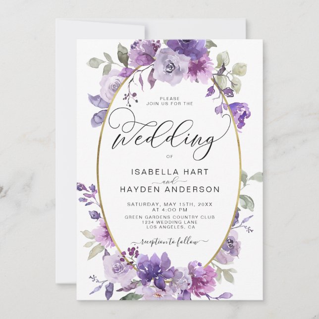 Lilac Mauve Dusty Lila Blommigt Gold Foil Bröllop Inbjudningar (Framsida)