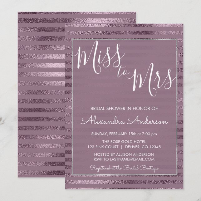 Lilac Metallic Foil Miss till Mrs Möhippa Inbjudningar (Fram/baksida)