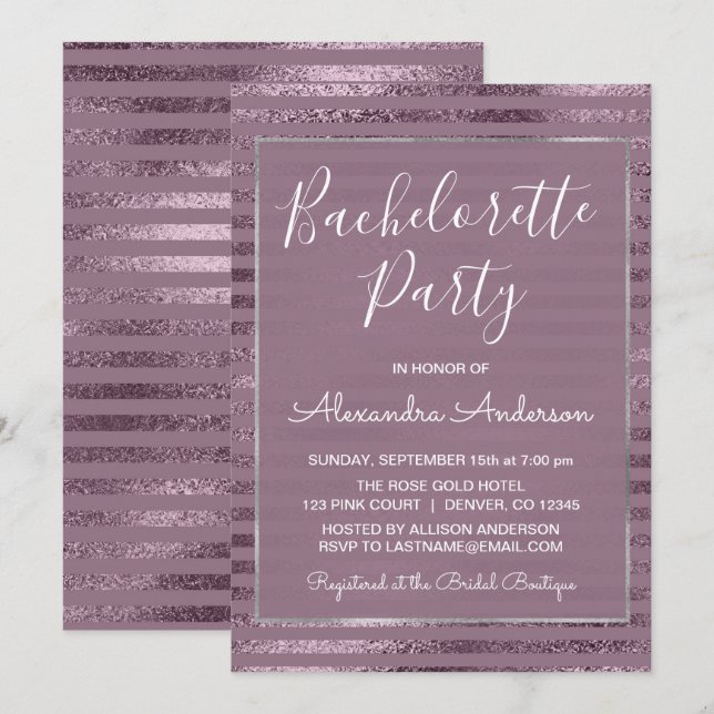 Lilac Metallic Foil Modern Bachelorette Party Inbjudningar (Fram/baksida)