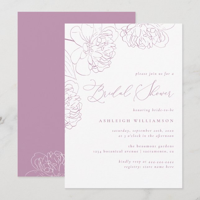 Lilac Minimalist Hand-dragen Peonies Möhippa Inbjudningar (Fram/baksida)
