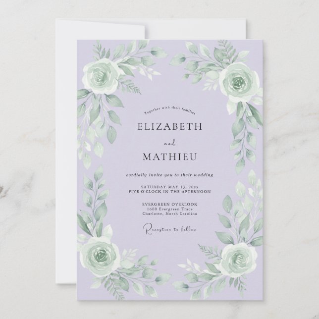 Lilac Mint Lövverk Grå Eukalyptus Bröllop Inbjudningar (Framsida)