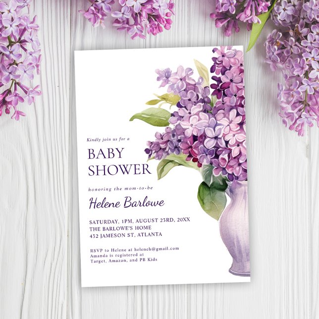 Lilac Modern Elegant Blommigt Baby Shower Inbjudningar (Lilac Modern Elegant Floral Baby Shower Invitation)