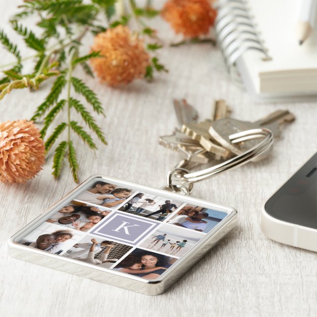 Lilac Monogram 8 Photo Collage Fyrkantig Silverfärgad Nyckelring (Sidan)