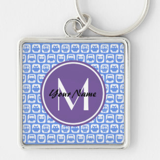 Lilac Monogram Blue och White Uggla Mönster Fyrkantig Silverfärgad Nyckelring