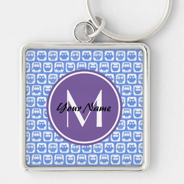 Lilac Monogram Blue och White Uggla Mönster Fyrkantig Silverfärgad Nyckelring (Framsidan)