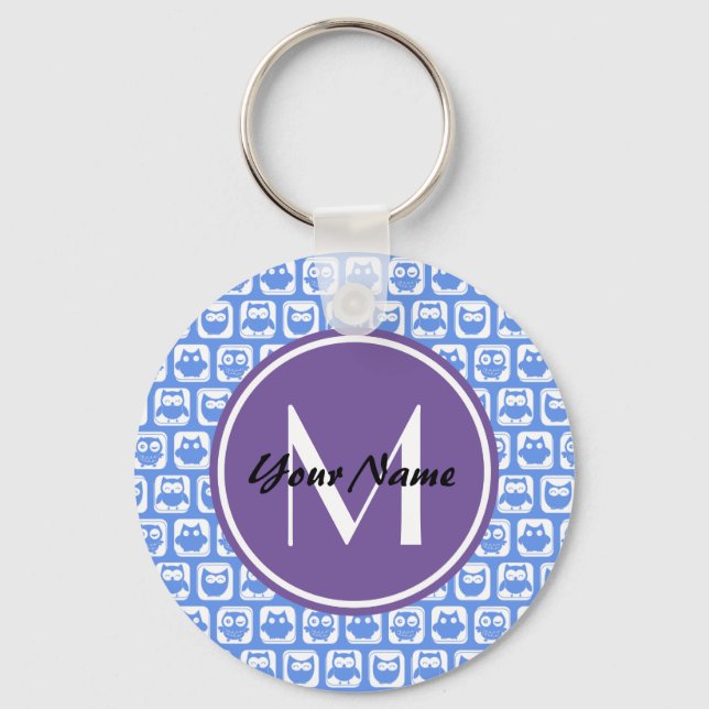 Lilac Monogram Blue och White Uggla Mönster Nyckelring (Framsida)