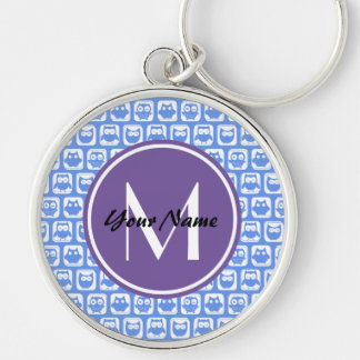 Lilac Monogram Blue och White Uggla Mönster Rund Silverfärgad Nyckelring