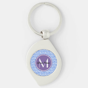 Lilac Monogram Blue och White Uggla Mönster Swirl Silverfärgad Nyckelring